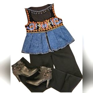 HANDMADE~UPCYCLED by ☆OKDco. VELVETEEN EMBROIDERED PARTY TOP!❤️SZ-MED